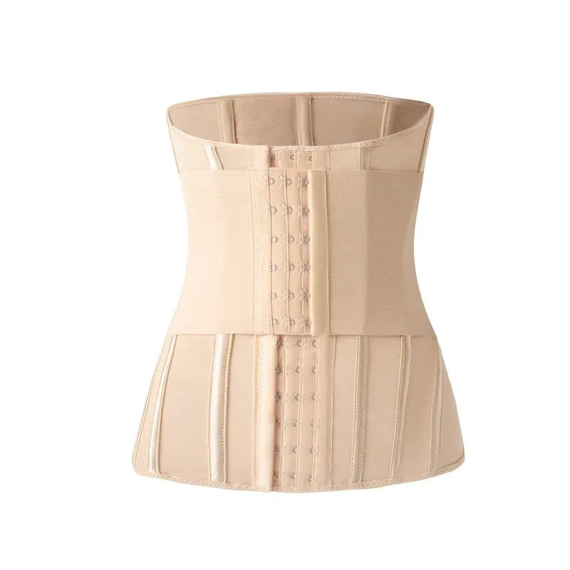 Black and apricot nylon belly band for waist training with adjustable belt tie, shown in various sizes.