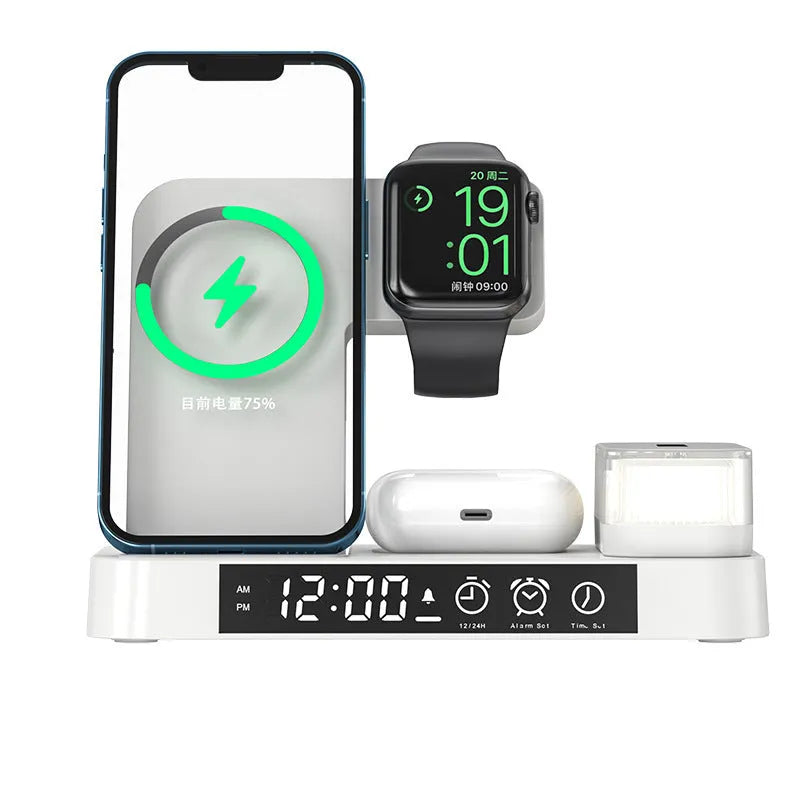 White 4-in-1 foldable wireless charging station showing phone charging on stand, with alarm clock display and RGB night light glow.