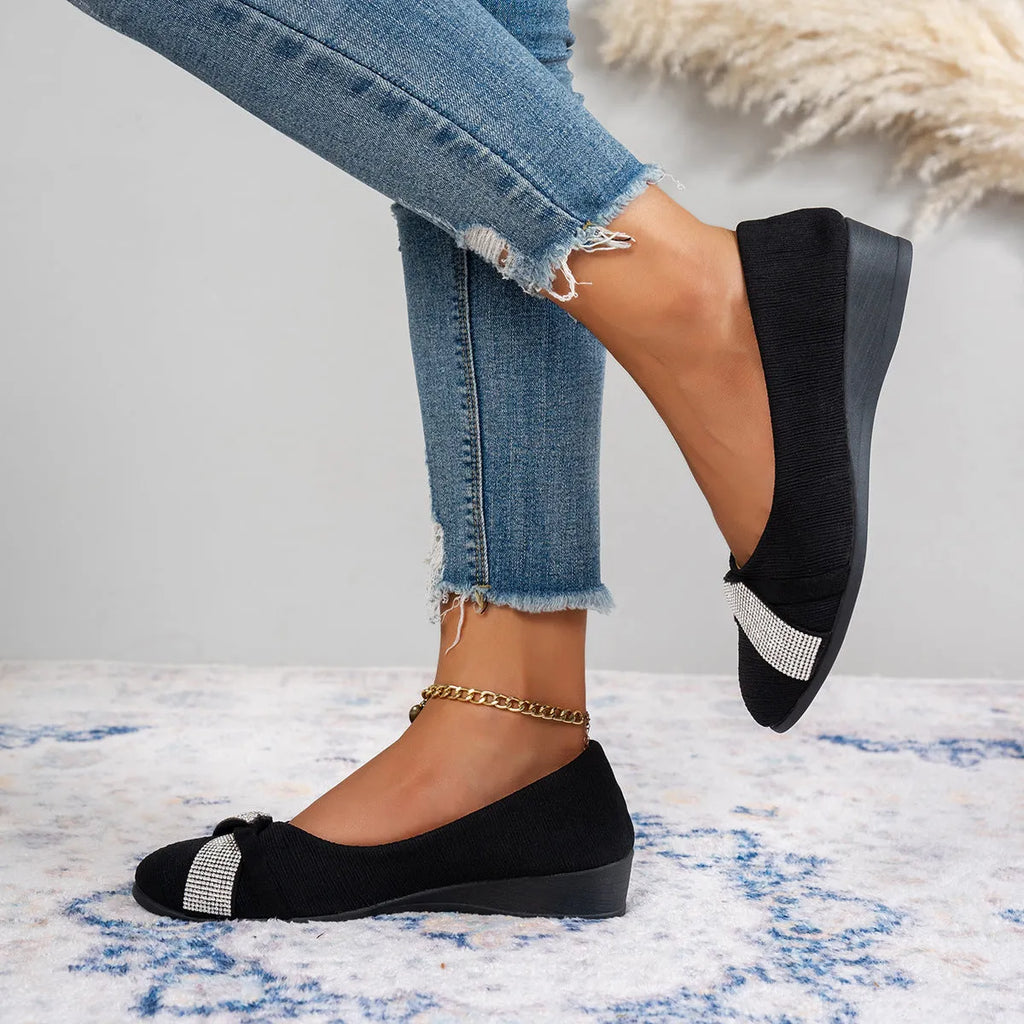 Black women's casual slip-on shoes with rhinestone decoration, round toe, and chunky heel