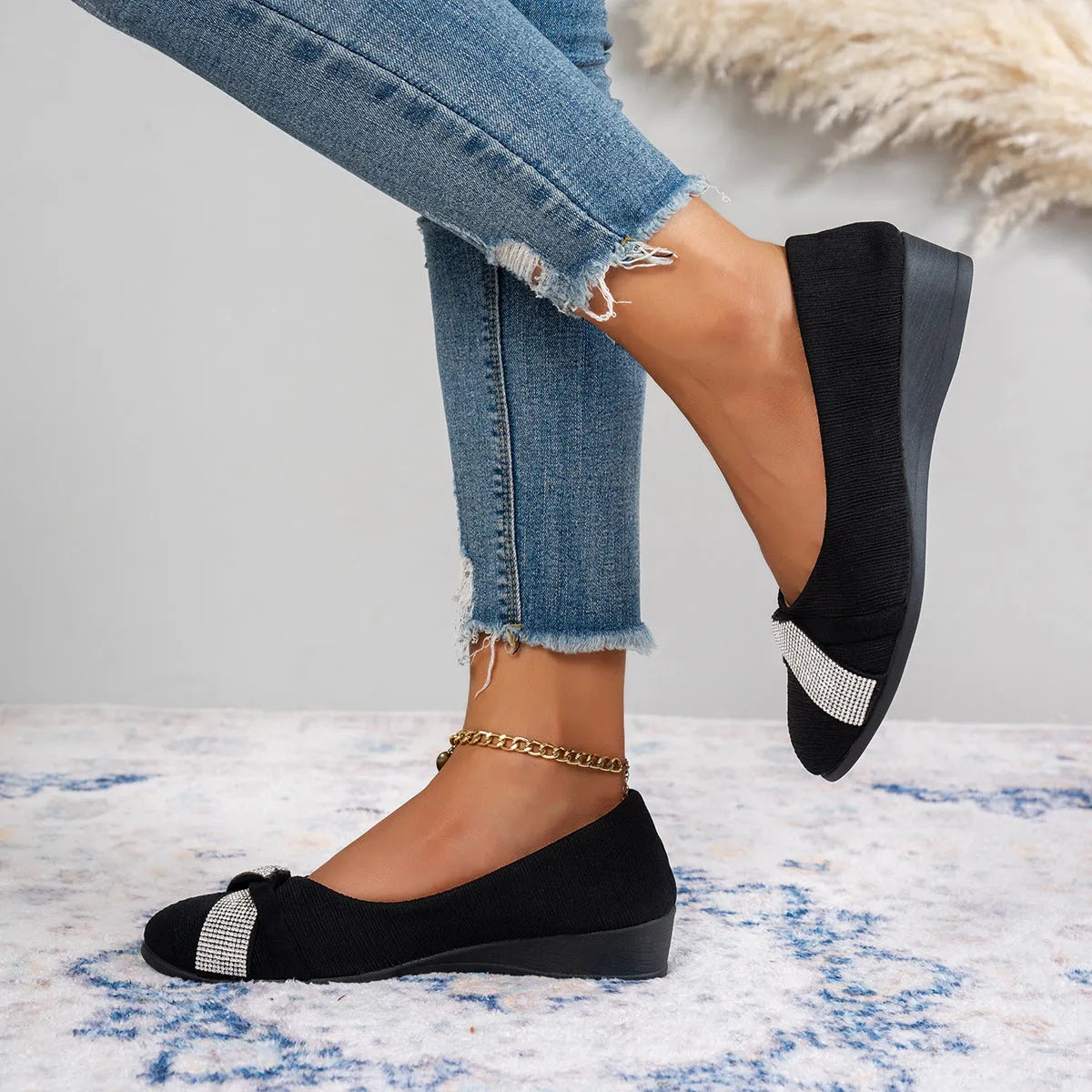 Black women's casual slip-on shoes with rhinestone decoration, round toe, and chunky heel