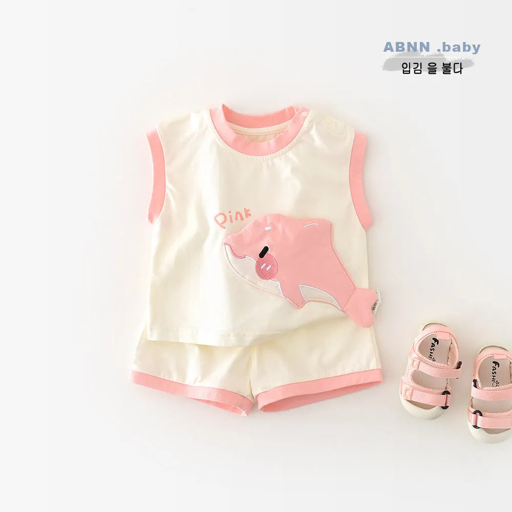 Blue shark cartoon vest and shorts set for toddlers, cotton blend pullover summer suit