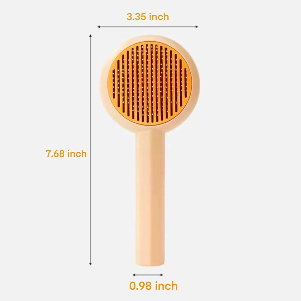 Blue pet grooming brush with self-cleaning button and angled metal needles