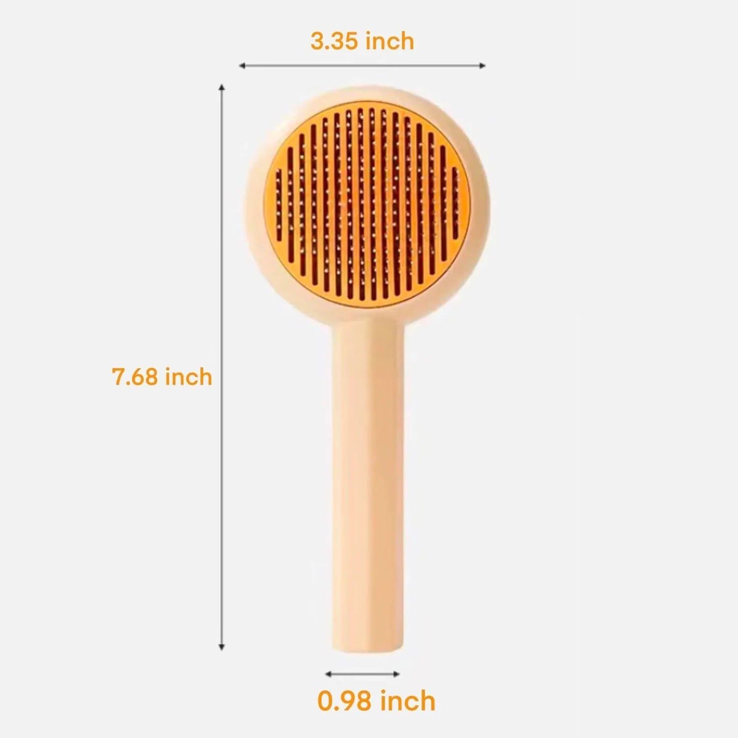 Blue pet grooming brush with self-cleaning button and angled metal needles