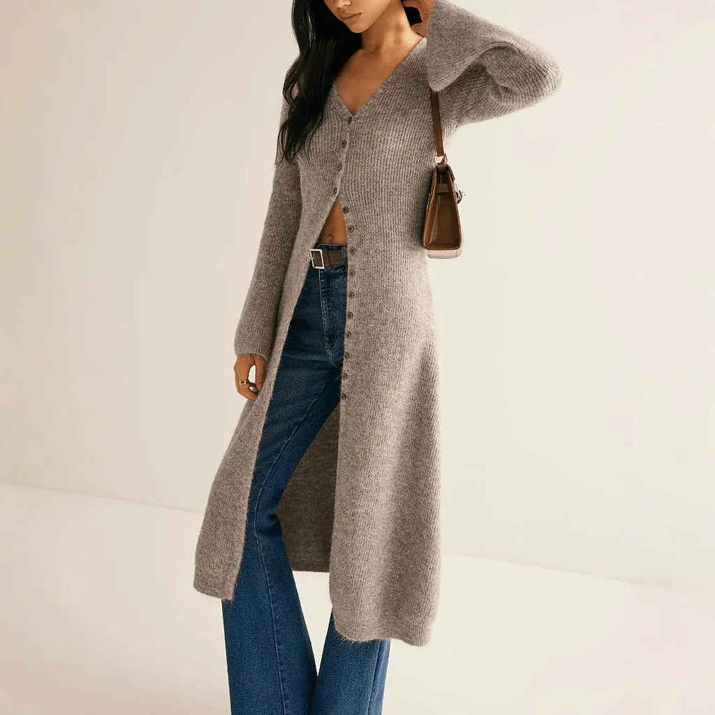 Khaki French retro style women's cardigan coat with button fastenings and long sleeves