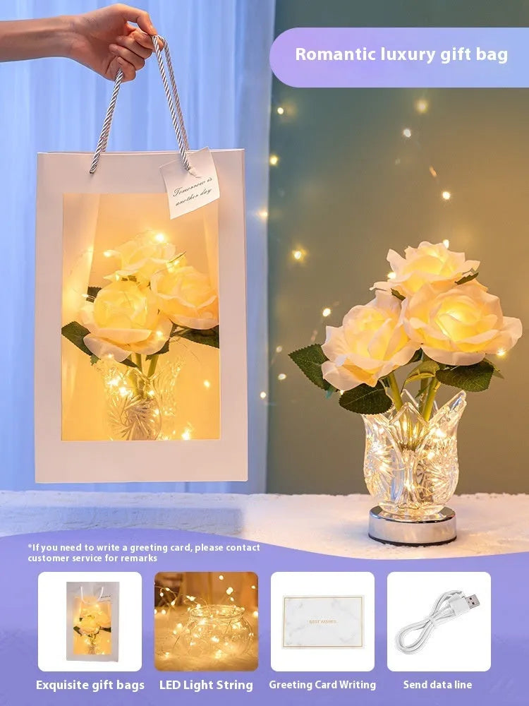 Crystal flowers rechargeable touch control table lamp with infinite dimming on bedside table