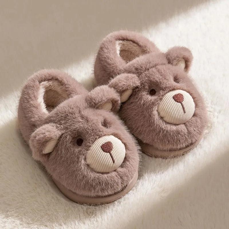 Children's plush slippers with heel wrap, animal pattern, beige colour, plastic sole