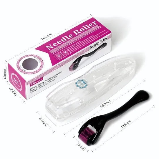Black and purple derma rollers with titanium microneedles, showing size options from 0.2mm to 1.0mm.
