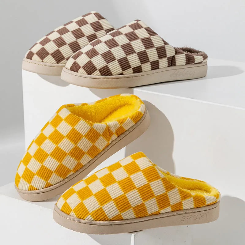 Gradient plush winter slippers for women with corduroy and arctic velvet upper, anti-skid PVC sole, round toe, flat heel, available in multiple colours