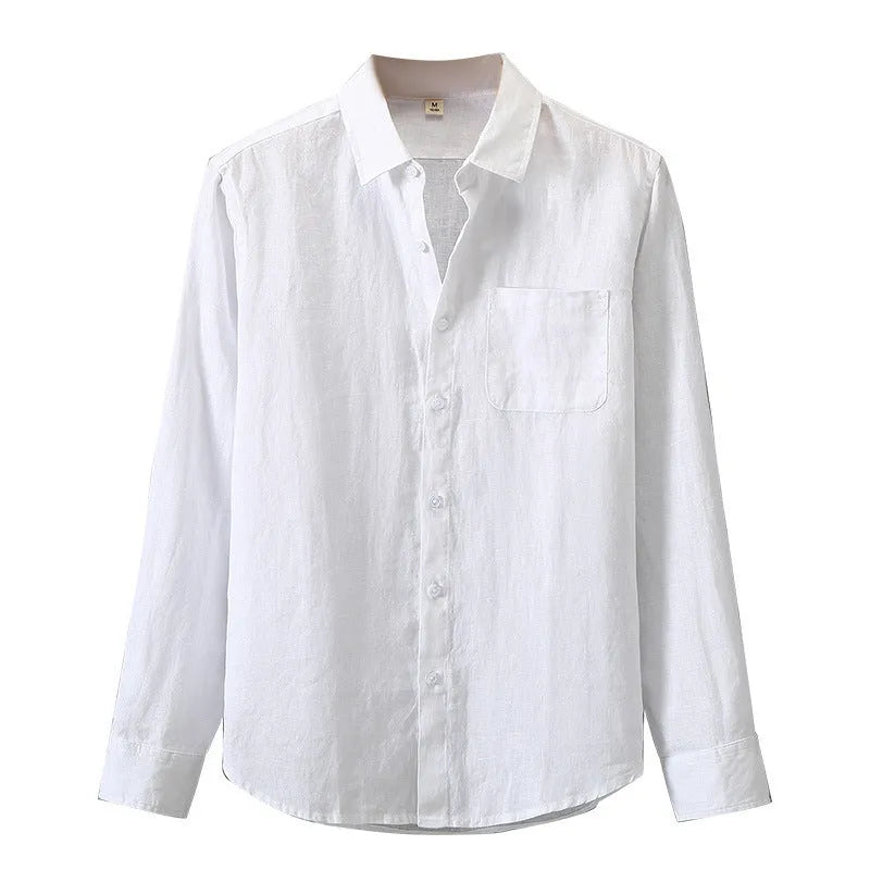 Linen long sleeve shirt in loose fit with Chinese cardigan style, shown in solid colour options.