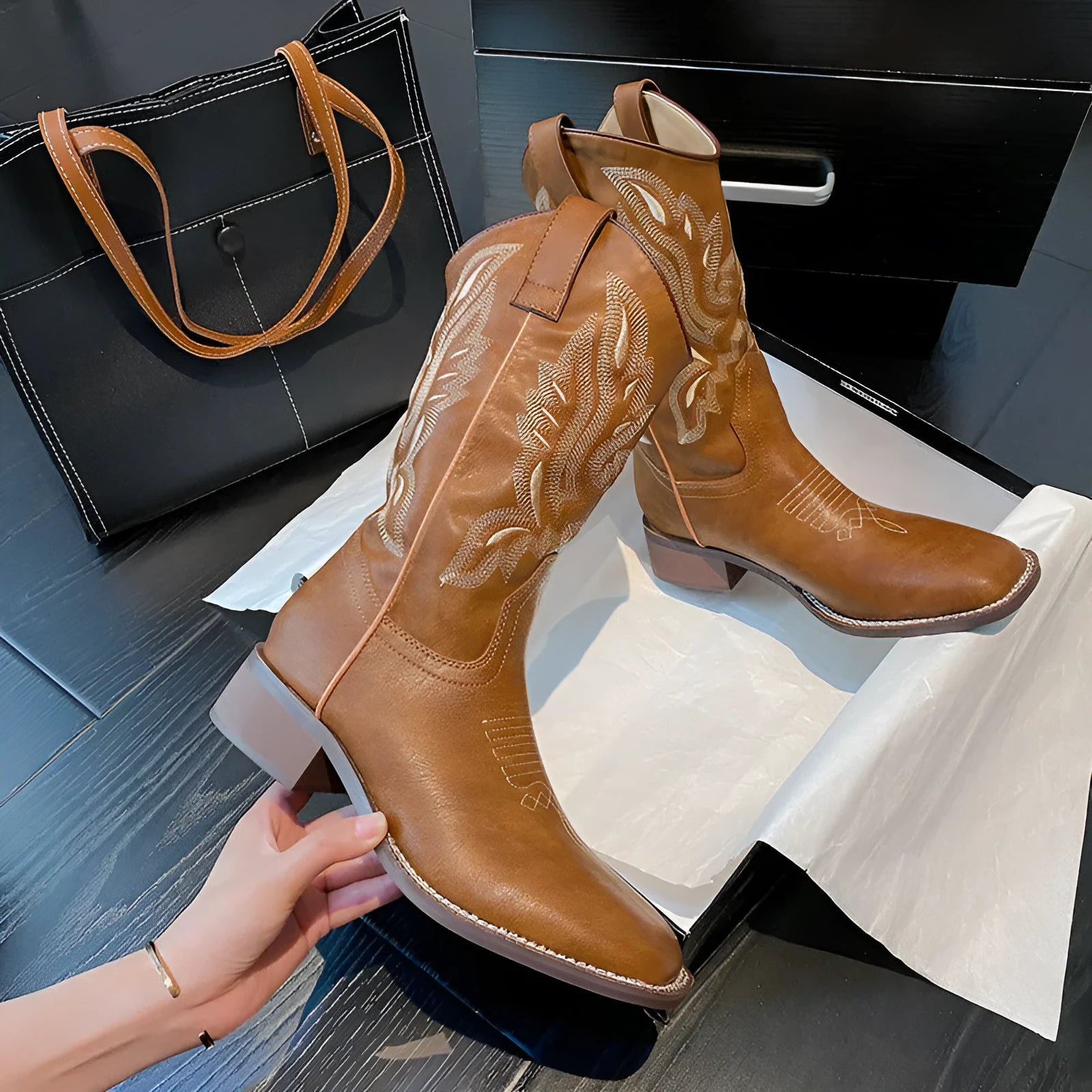 Brown women's embroidered Martin boots with mid-calf height, leather lining and square heel