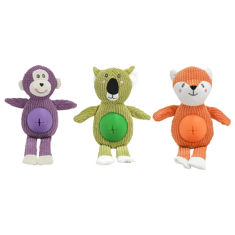 Animal-shaped stuffed dog toy in three bite-resistant colours Green Orange Purple on a white background