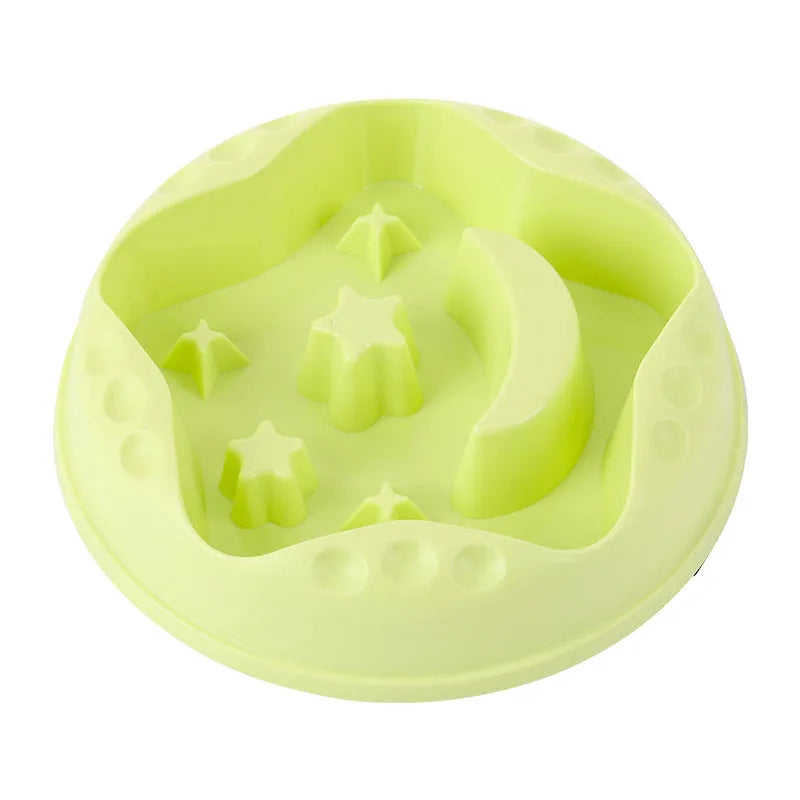 Moon and star design slow feed dog bowl in blue colour with non-slip silicone base