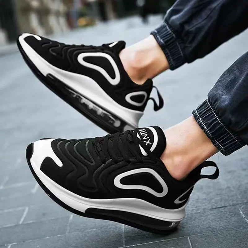 Men's black lace-up sneakers with thick sole and round toe for outdoor sports
