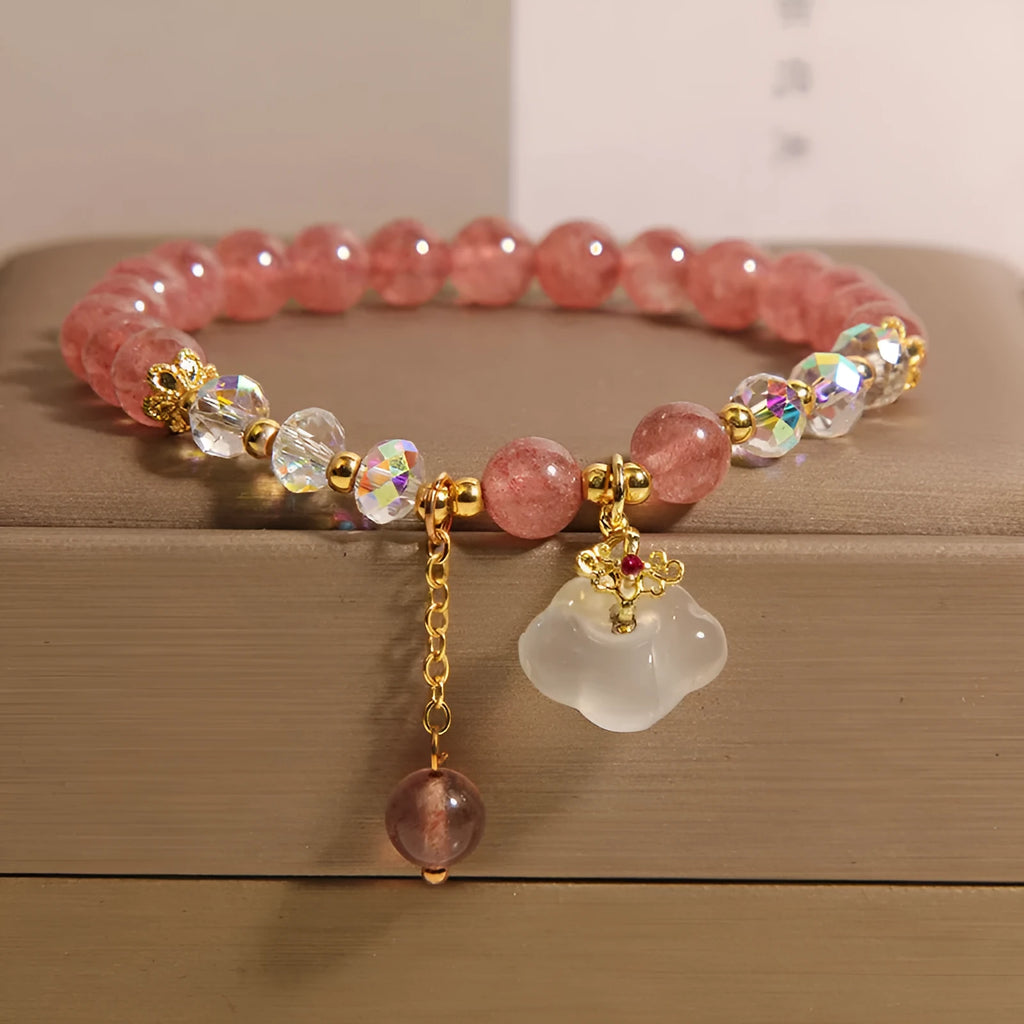 Women's adjustable strawberry quartz and white agate crystal bracelet with auspicious cloud beads