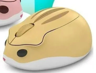 Hamster Wireless Mute Mouse in grey, pink, or yellow colour on a desk.
