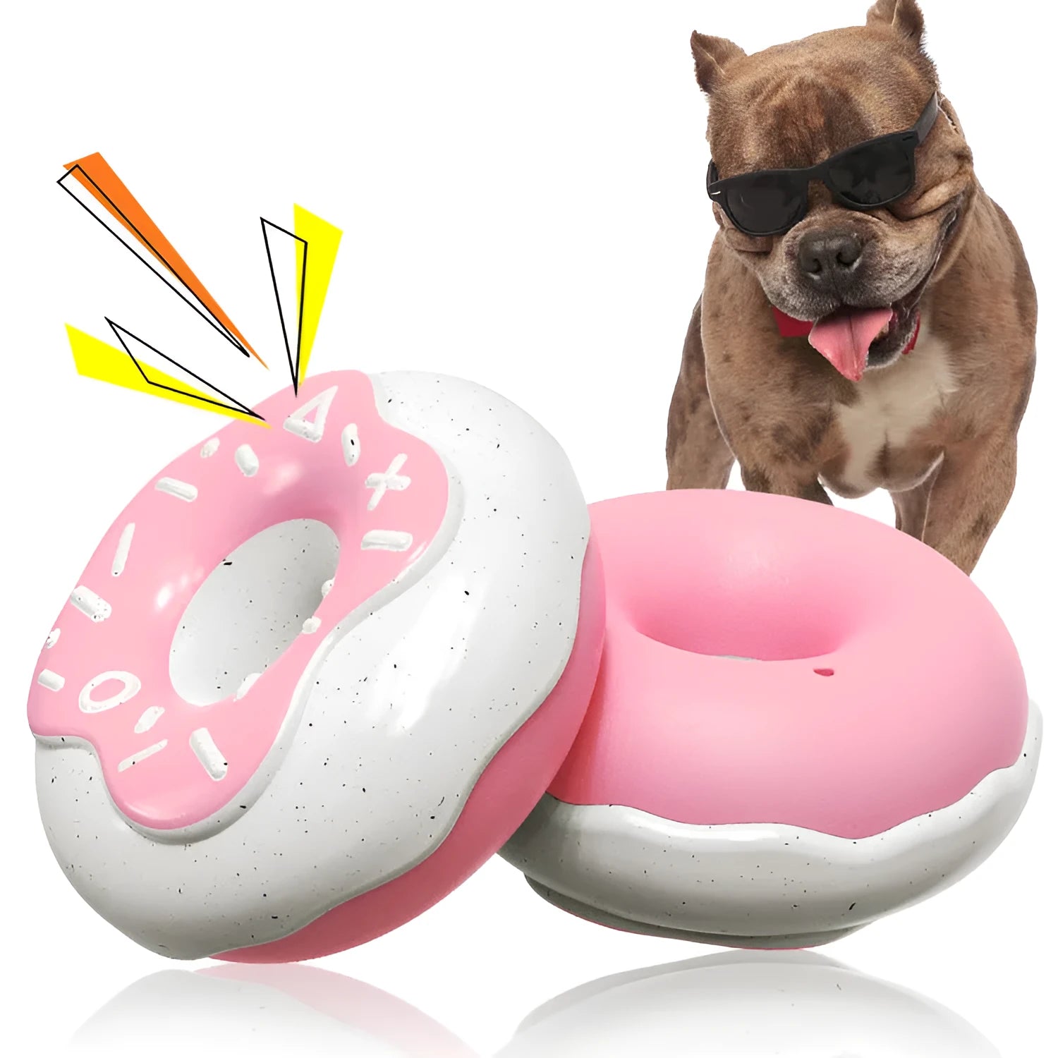 Pink, yellow, and chocolate TPR donut-shaped dog chew toy with sound for molar cleaning.