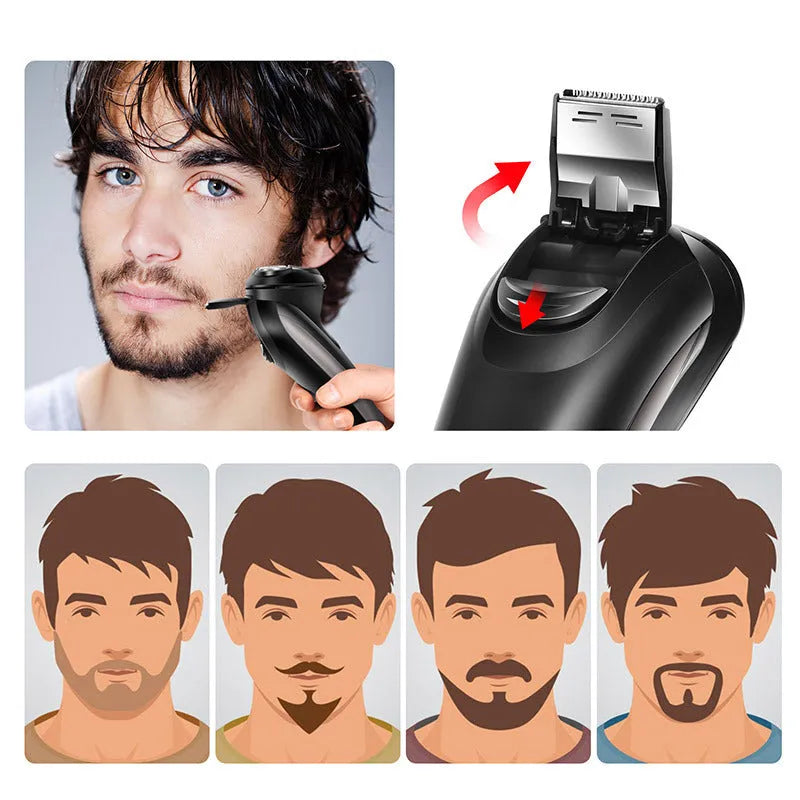 Men's electric shaver kit with three floating heads, pop-up trimmer, USB cable, cleaning brush and storage bag.
