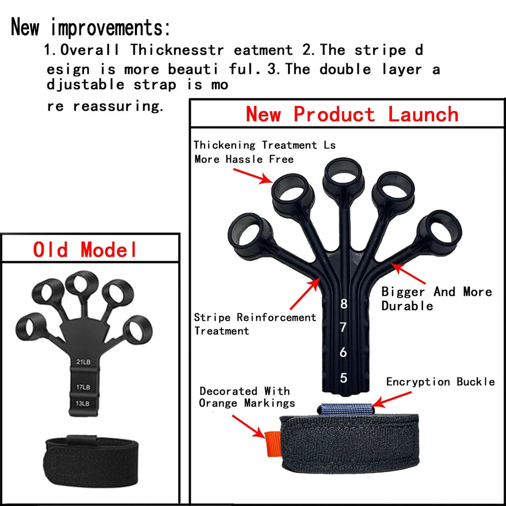 Black silicone finger rehabilitation trainer with adjustable resistance band for flexion and extension exercises