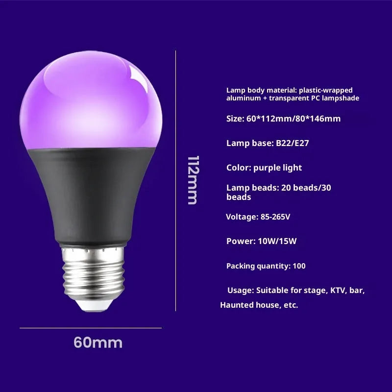 A19 purple LED light bulb 12W UV violet fluorescent super bright IP44 energy saving