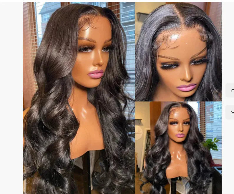 Black synthetic wig with medium-long curly waves, 22 inches length, full head coverage