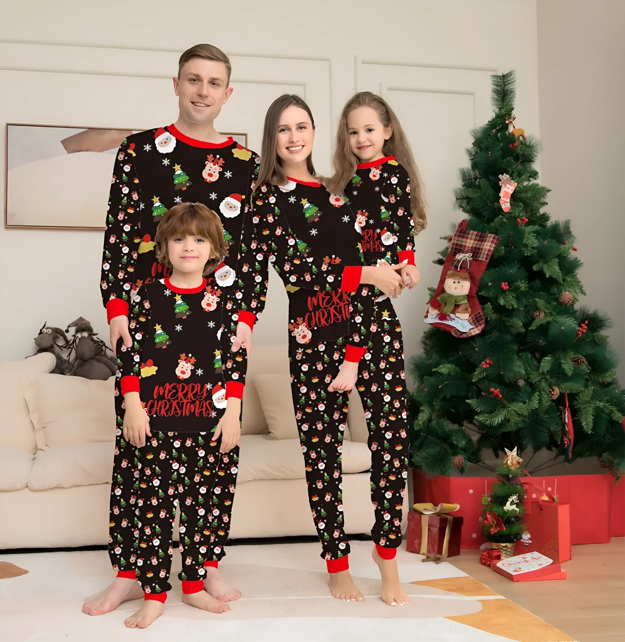 Family Christmas matching cotton pyjamas set with plaid and cartoon prints including dog sizes
