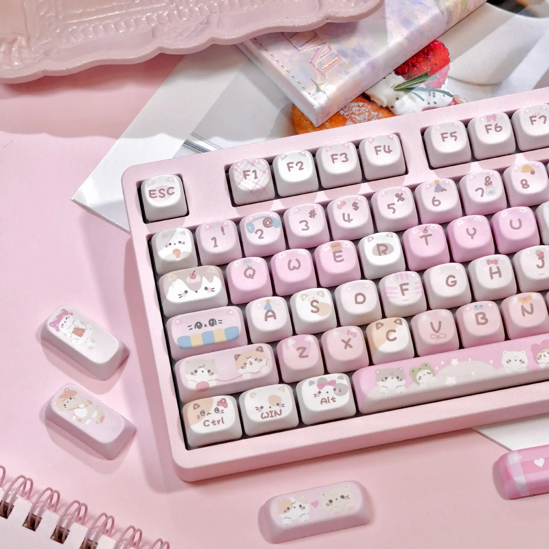 Pink MOA height key caps with cartoon artwork printed on all five sides for mechanical keyboard customisation