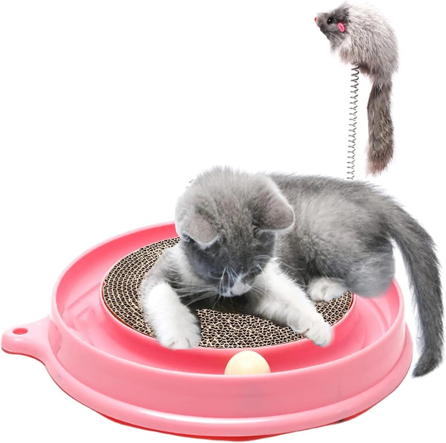 Circular blue cat scratcher with ball track and replaceable cardboard centre