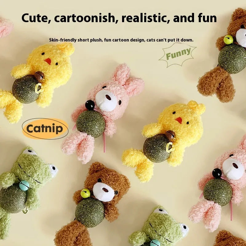 Plush cat toy shaped with catnip ball and bell inside, shown in one of four animal colour designs