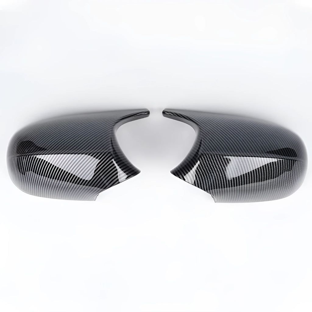 Pair of black ABS rearview mirror shells for BMW 3 Series E90, shown front and back.