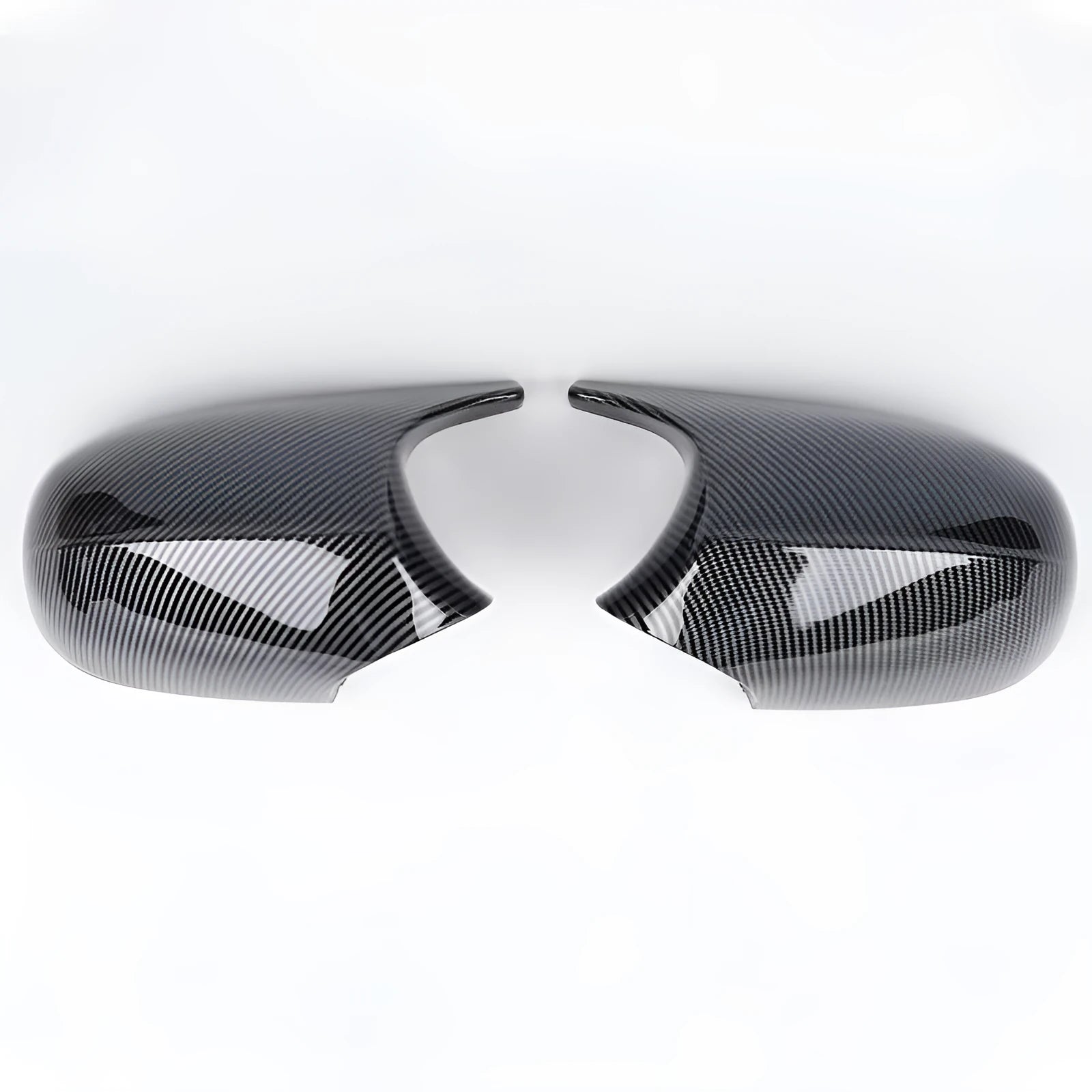 Pair of black ABS rearview mirror shells for BMW 3 Series E90, shown front and back.