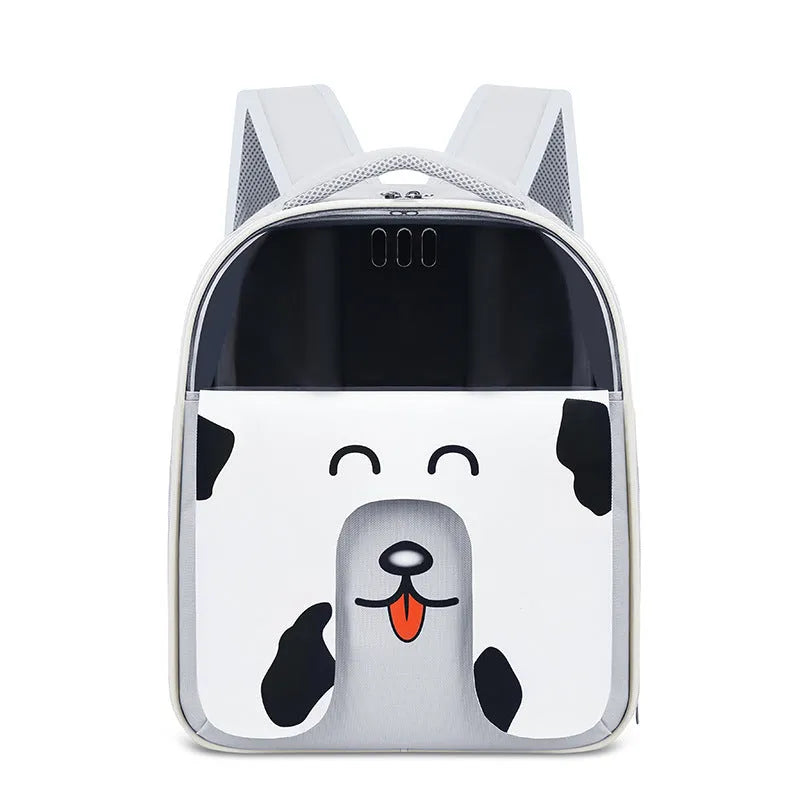 Large capacity PU PVC pet backpack in beige, for outdoor travel with a cat