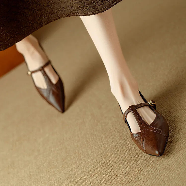 Brown women's pointed toe flat shoes with a low-cut design and a mid-height heel.