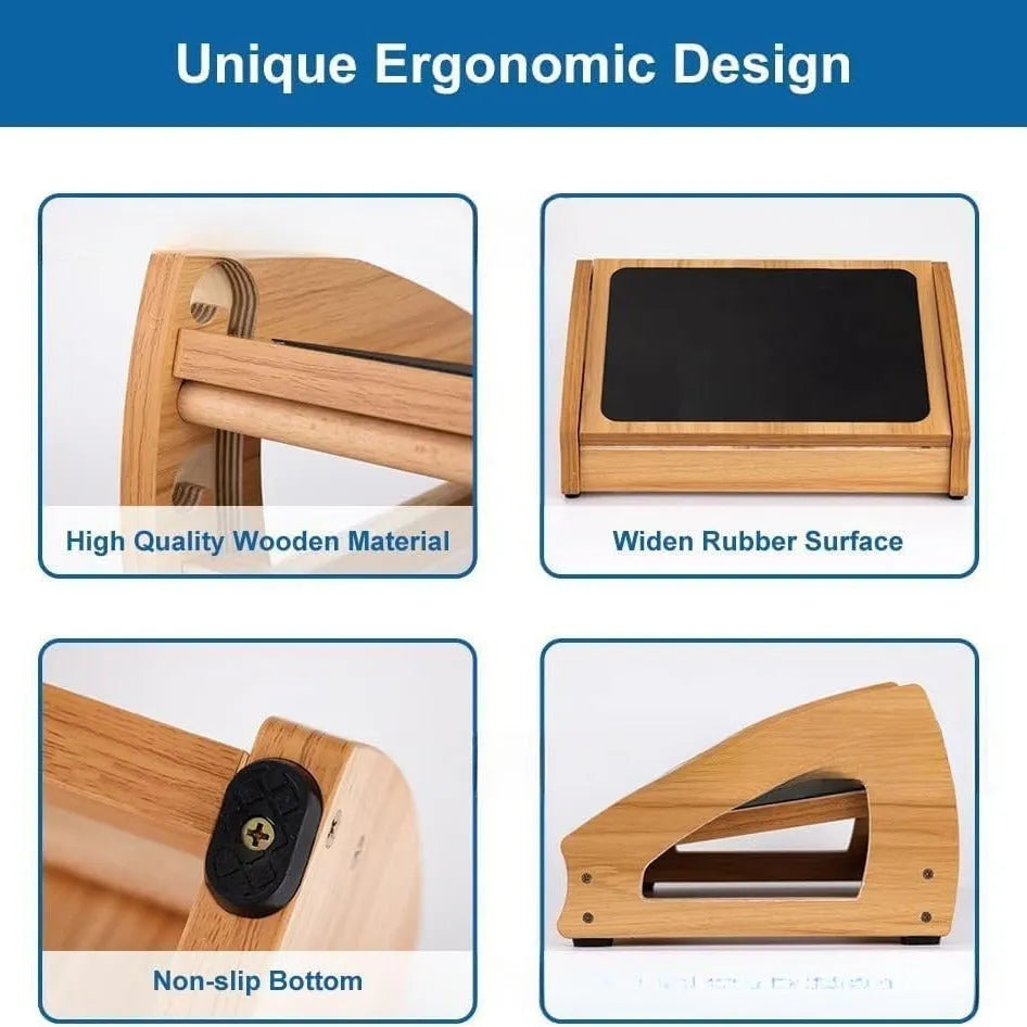 Natural wood colour bamboo adjustable office desk footstool for adult ergonomics.