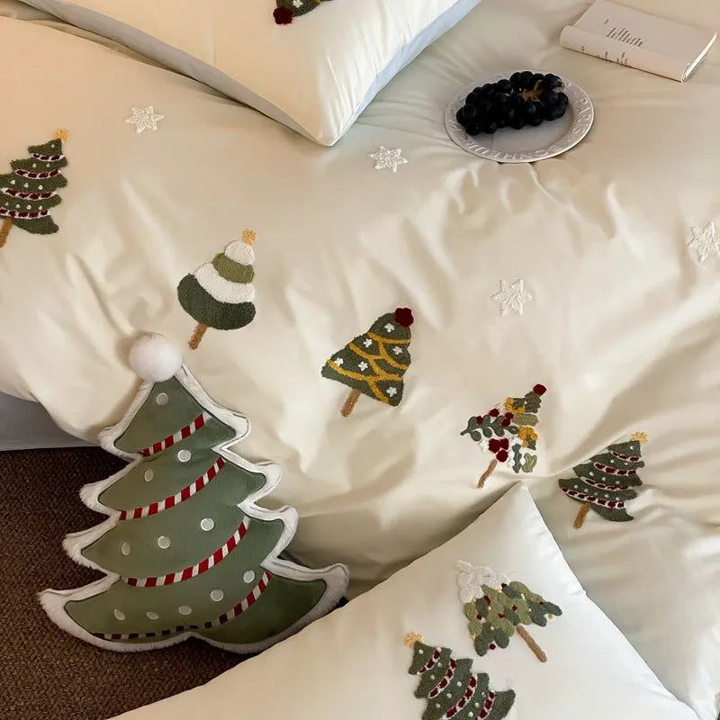Christmas tree embroidered cotton duvet cover set with pillowcases in cream blue colour