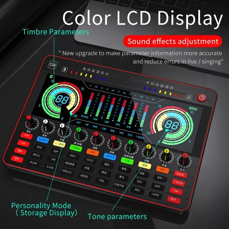 G4 professional singing sound card mixer with LCD screen, control knobs, and included microphone and cables.