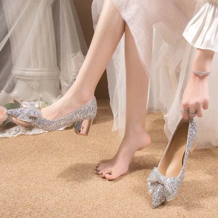 Crystal sequin chunky heel pointed-toe pumps in gold with 4.5cm heel