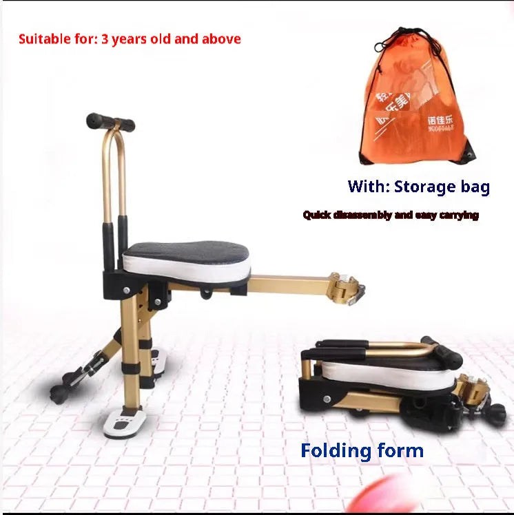 Aluminium alloy front-mounted folding child seat for shared bicycle in yellow with armrest