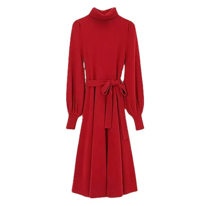 Adult ladies' turtleneck knit dress with elastic waist in rose red, black, red, or blue colours