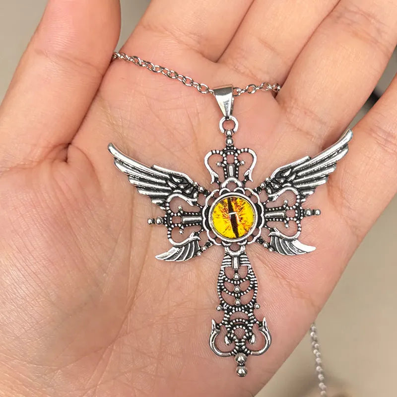Creative devil wings cross necklace with geometric pendant in alloy metal showing colour options