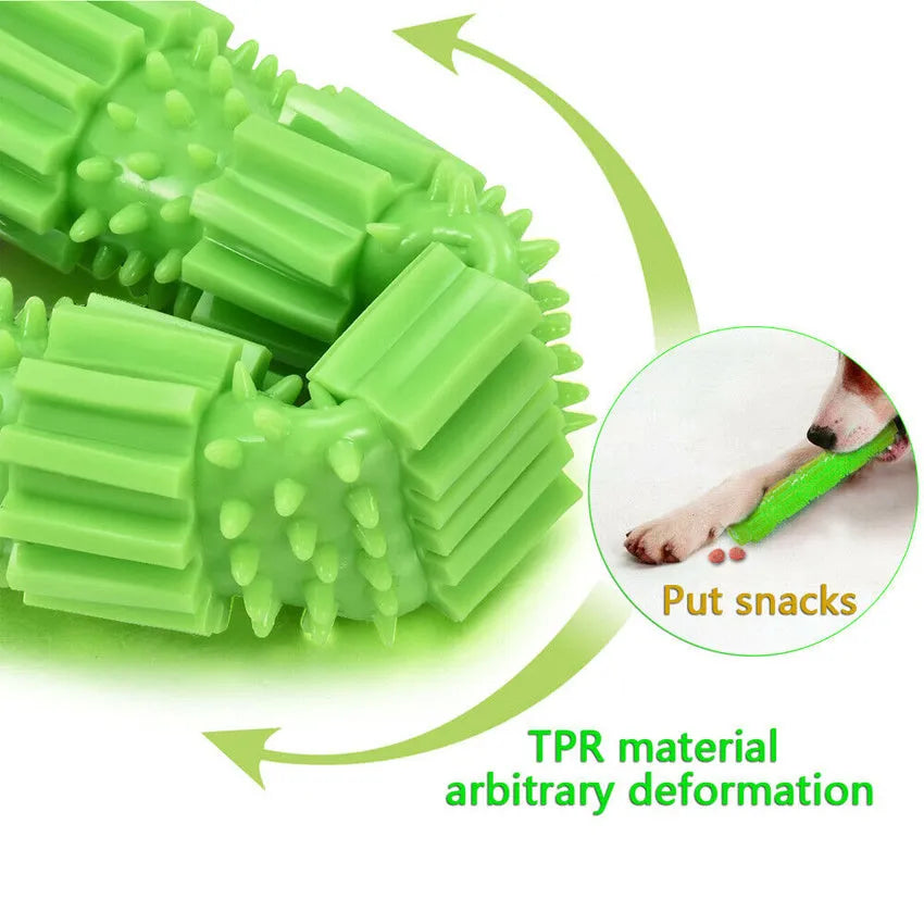 Green and orange durable rubber dog chew toy for aggressive chewers with treat dispensing opening