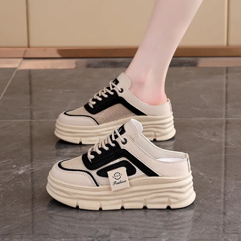 Women's mesh half slippers with height increasing insole in black, khaki or white colours