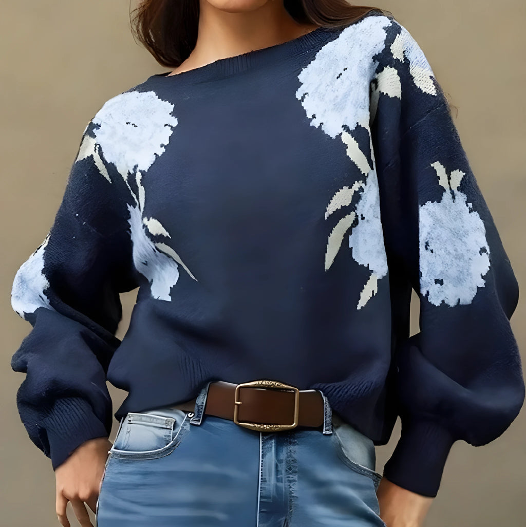 Sapphire blue women's loose pullover sweater with a detailed woven floral jacquard pattern and off-neck design.