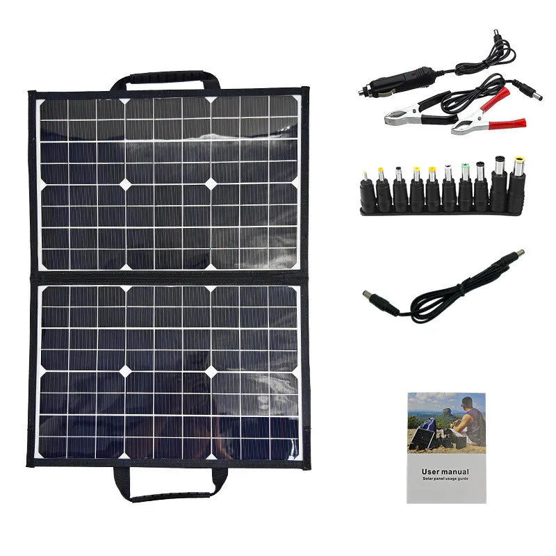 Black foldable solar panel charger bag showing 40W single crystal panel, folded for transport.