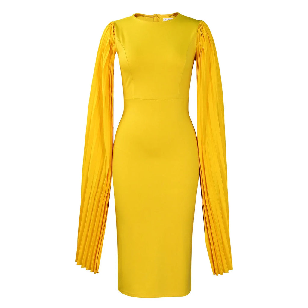 Women's long sleeve evening dress with pleated shawl collar in a choice of colours.