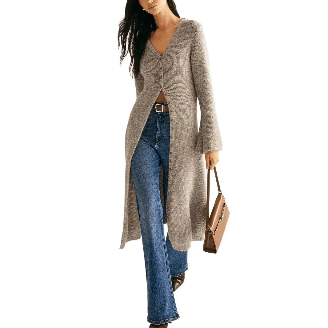 Khaki French retro style women's cardigan coat with button fastenings and long sleeves