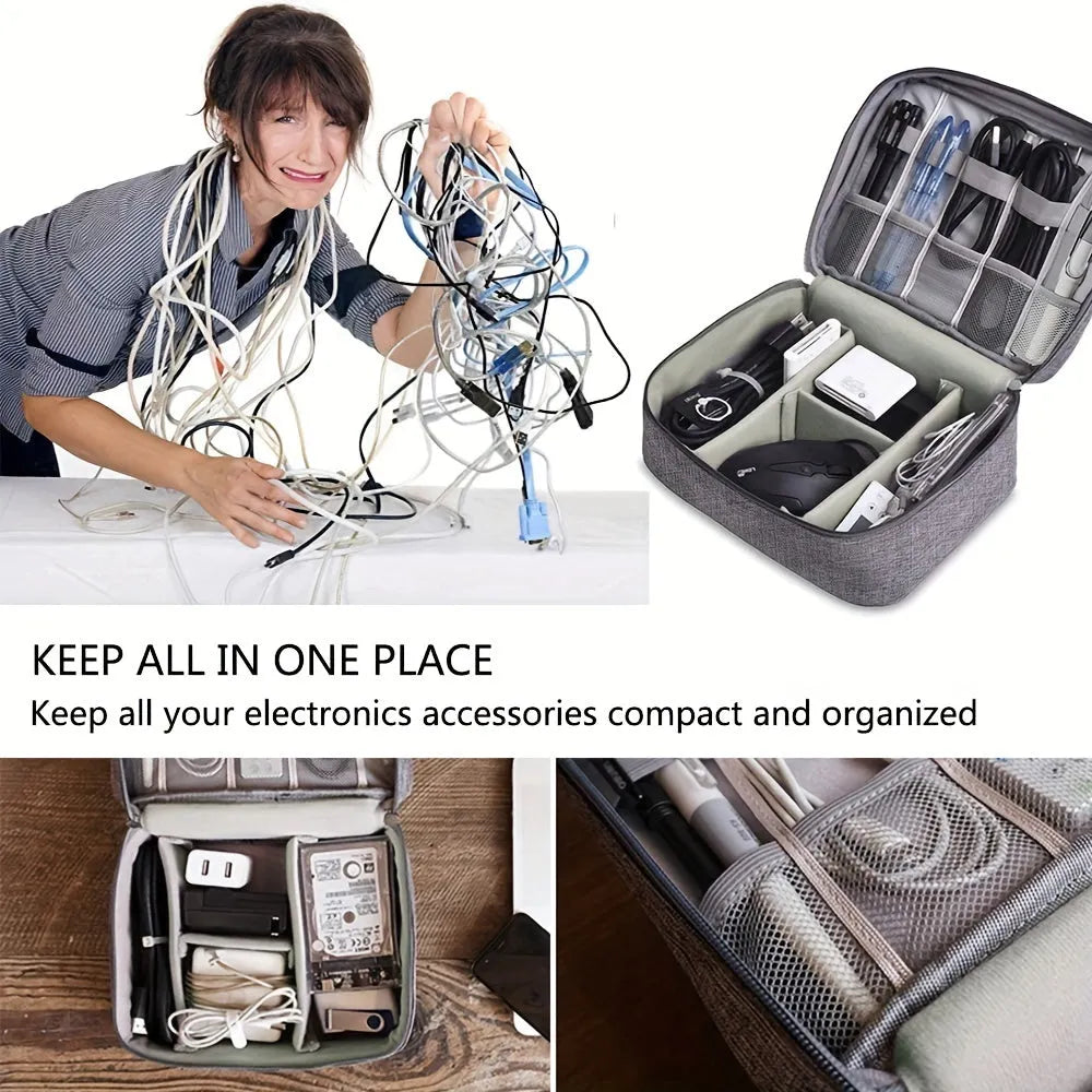 Black or grey waterproof travel cable organiser bag open to show mesh pockets and removable padded dividers.