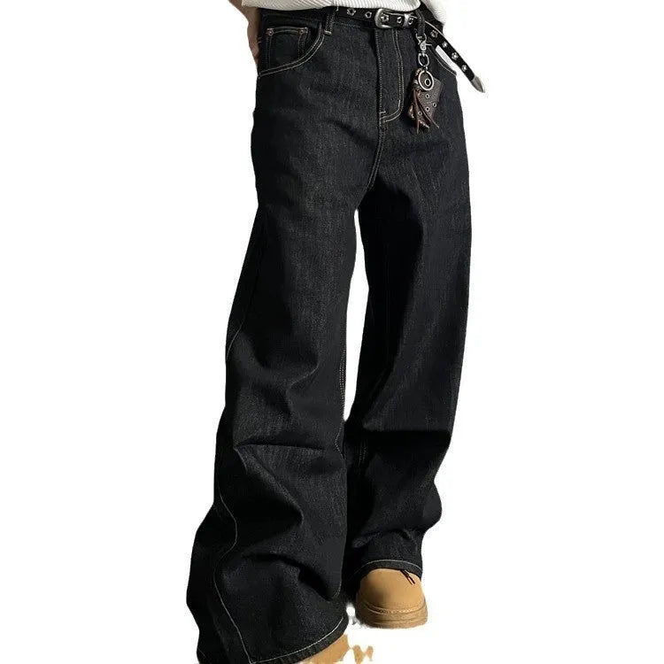 Black retro straight-leg wide-leg jeans with zip fly on mid-waist