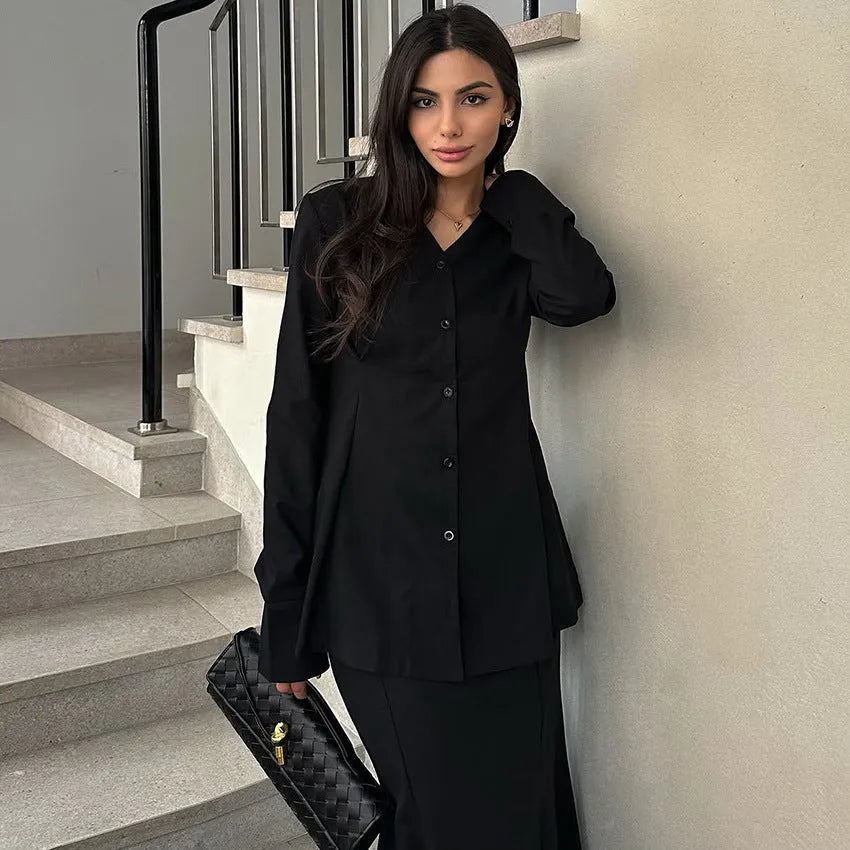 Women's fall suit V-neck slim fit waist long sleeve dress set in solid colour polyester, black