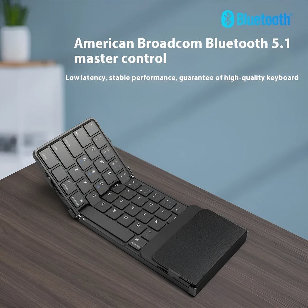 Black folding Bluetooth keyboard unfolded showing full keyboard layout with optional touchpad accessory