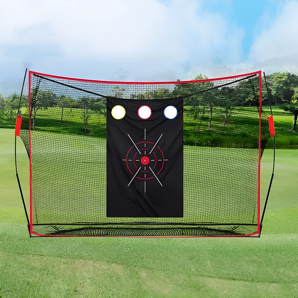 Golf swing wedge training net kit with 3-hole cross net and 30x60 cm straw mat